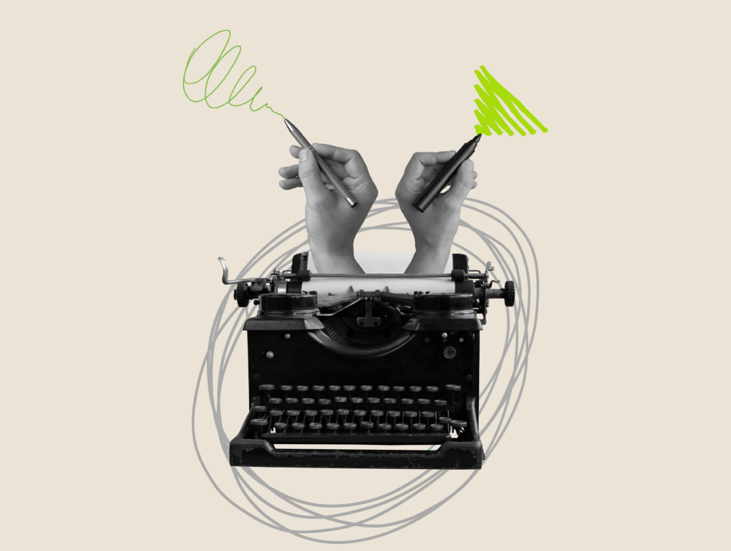 Type writer with hands scribbling green lines